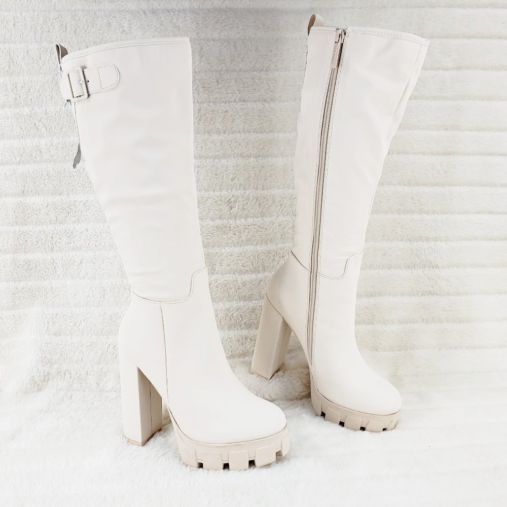 Nude 5" Chunky Heel Lug Sole Water resistant Knee Boots